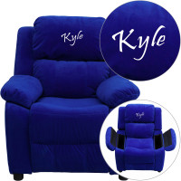 Flash Furniture BT-7985-KID-MIC-BLUE-TXTEMB-GG Personalized Deluxe Padded Blue Microfiber Kids Recliner with Storage Arms