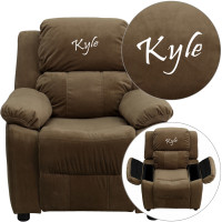 Flash Furniture BT-7985-KID-MIC-BRN-TXTEMB-GG Personalized Deluxe Padded Brown Microfiber Kids Recliner with Storage Arms