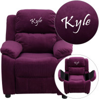 Flash Furniture BT-7985-KID-MIC-PUR-TXTEMB-GG Personalized Deluxe Padded Purple Microfiber Kids Recliner with Storage Arms