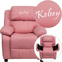 Flash Furniture BT-7985-KID-PINK-TXTEMB-GG Personalized Deluxe Padded Pink Vinyl Kids Recliner with Storage Arms