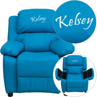Flash Furniture BT-7985-KID-TURQ-TXTEMB-GG Personalized Deluxe Padded Turquoise Vinyl Kids Recliner with Storage Arms