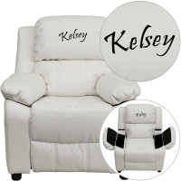 Flash Furniture BT-7985-KID-WHITE-TXTEMB-GG Personalized Deluxe Padded White Vinyl Kids Recliner with Storage Arms