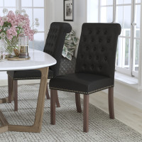 Flash Furniture BT-P-BK-LEA-GG HERCULES Series Black Leather Parsons Chair with Rolled Back, Accent Nail Trim and Walnut Finish 