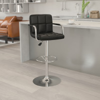 Flash Furniture Contemporary Black Quilted Vinyl Adjustable Height Bar Stool with Arms and Chrome Base CH-102029-BK-GG