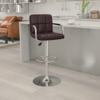 Flash Furniture Contemporary Brown Quilted Vinyl Adjustable Height Bar Stool with Arms and Chrome Base CH-102029-BRN-GG