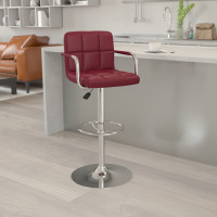 Flash Furniture Contemporary Burgundy Quilted Vinyl Adjustable Height Bar Stool with Arms and Chrome Base CH-102029-BURG-GG
