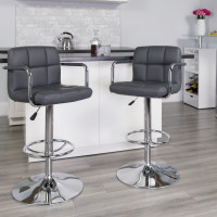 Flash Furniture CH-102029-GY-GG Contemporary Gray Quilted Vinyl Adjustable Height Barstool with Arms and Chrome Base