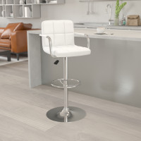 Flash Furniture Contemporary White Quilted Vinyl Adjustable Height Bar Stool with Arms and Chrome Base CH-102029-WH-GG