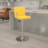 Flash Furniture Contemporary Yellow Quilted Vinyl Adjustable Height Bar Stool with Arms and Chrome Base CH-102029-YEL-GG