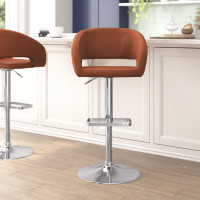 Flash Furniture CH-122070-BR-GG Erik Contemporary Cognac Vinyl Adjustable Height Barstool with Rounded Mid-Back and Chrome Base
