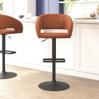 Flash Furniture CH-122070-BRBK-GG Erik Contemporary Cognac Vinyl Adjustable Height Barstool with Rounded Mid-Back and Black Base