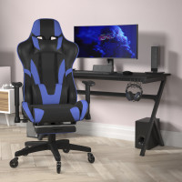 Flash Furniture CH-187230-BL-RLB-GG X30 Gaming Chair Racing Computer Chair with Reclining Back, Slide-Out Footrest, and Transparent Roller Wheels in Blue LeatherSoft
