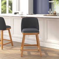 Flash Furniture CH-192162X000-24-CHAR-GG Julia Set of 2 Transitional 24 Inch Faux Linen Upholstered Counter Stools with Silver Nailhead Trim and Walnut Finish Solid Wood Frames, Charcoal