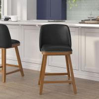 Flash Furniture CH-192162X000PU-24-BK-GG Julia Set of 2 Transitional 24 Inch LeatherSoft Upholstered Counter Stools with Silver Nailhead Trim and Walnut Finish Solid Wood Frames, Black