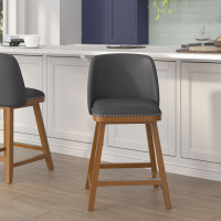 Flash Furniture CH-192162X000PU-24-GY-GG Julia Set of 2 Transitional 24 Inch LeatherSoft Upholstered Counter Stools with Silver Nailhead Trim and Walnut Finish Solid Wood Frames, Gray
