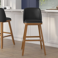 Flash Furniture CH-192162X000PU-30-BK-GG Julia Set of 2 Transitional 30 Inch LeatherSoft Upholstered Barstools with Silver Nailhead Trim and Walnut Finish Solid Wood Frames, Black