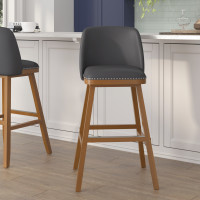 Flash Furniture CH-192162X000PU-30-GY-GG Julia Set of 2 Transitional 30 Inch LeatherSoft Upholstered Barstools with Silver Nailhead Trim and Walnut Finish Solid Wood Frames, Gray