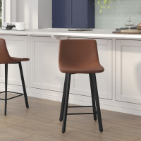 Flash Furniture CH-212069-24-BR-GG Caleb Modern Armless 24 Inch Counter Height Stools Commercial Grade with Footrests in Cognac LeatherSoft and Black Matte Metal Frames, Set of 2