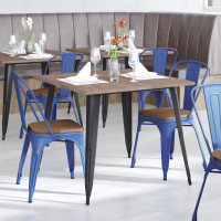 Flash Furniture CH-31230-BL-PL1T-GG Perry Commercial Grade Blue Metal Indoor-Outdoor Stackable Chair with Teak Poly Resin Wood Seat