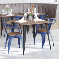 Flash Furniture CH-31270-BL-PL1T-GG Luna Commercial Grade Blue Metal Indoor-Outdoor Chair with Arms with Teak Poly Resin Wood Seat