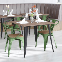 Flash Furniture CH-31270-GN-PL1T-GG Luna Commercial Grade Green Metal Indoor-Outdoor Chair with Arms with Teak Poly Resin Wood Seat
