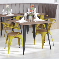 Flash Furniture CH-31270-YL-PL1T-GG Luna Commercial Grade Yellow Metal Indoor-Outdoor Chair with Arms with Teak Poly Resin Wood Seat