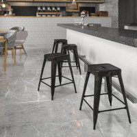 Flash Furniture CH-31320-24-BQ-GG No Back Antique Metal Barstool in Black