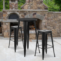 Flash Furniture CH-51080BH-2-30SQST-BK-GG 24" Round Bar Table Set with 2 Square Seat Backless Barstools in Black