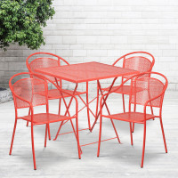 Flash Furniture CO-28SQF-03CHR4-RED-GG 28" Square Steel Folding Patio Table Set with 4 Round Back Chairs in Coral