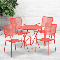 Flash Furniture CO-30RDF-02CHR4-RED-GG 30" Round Steel Folding Patio Table Set with 4 Square Back Chairs in Coral