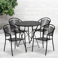 Flash Furniture CO-30RDF-03CHR4-BK-GG 30'' Round Black Indoor-Outdoor Steel Folding Patio Table Set with 4 Round Back Chairs 