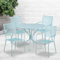 Flash Furniture CO-35RD-02CHR4-SKY-GG 35.25" Round Table Set with 4 Square Back Chairs in Blue