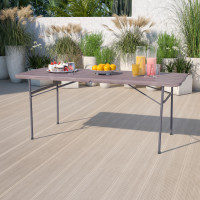 Flash Furniture DAD-LF-183Z-GG 30''W x 72''L Bi-Fold Brown Wood Grain Plastic Folding Table with Carrying Handle 
