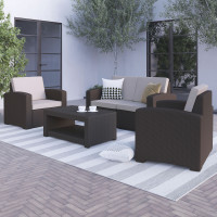 Flash Furniture DAD-SF-112T-CBN-GG 4 Piece Outdoor Faux Rattan Chair, Loveseat and Table Set in Chocolate Brown 