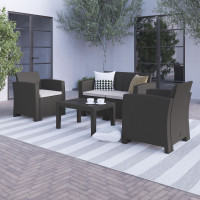 Flash Furniture DAD-SF-112T-DKGY-GG 4 Piece Outdoor Faux Rattan Chair, Loveseat and Table Set in Dark Gray 