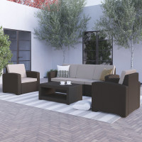 Flash Furniture DAD-SF-113R-CBN-GG 4 Piece Outdoor Faux Rattan Chair, Sofa and Table Set in Chocolate Brown