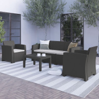 Flash Furniture DAD-SF-113T-DKGY-GG 4 Piece Outdoor Faux Rattan Chair, Sofa and Table Set in Dark Gray 