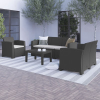 Flash Furniture DAD-SF-123T-DKGY-GG 4 Piece Outdoor Faux Rattan Chair, Loveseat, Sofa and Table Set in Dark Gray 