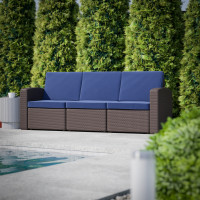Flash Furniture DAD-SF1-3-BNNV-GG Seneca Brown Faux Rattan Sofa with All-Weather Navy Cushions