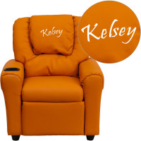 Flash Furniture DG-ULT-KID-ORANGE-TXTEMB-GG Personalized Orange Vinyl Kids Recliner with Cup Holder and Headrest