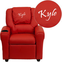 Flash Furniture DG-ULT-KID-RED-TXTEMB-GG Personalized Red Vinyl Kids Recliner with Cup Holder and Headrest