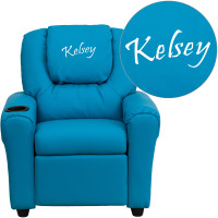 Flash Furniture DG-ULT-KID-TURQ-TXTEMB-GG Personalized Turquoise Vinyl Kids Recliner with Cup Holder and Headrest
