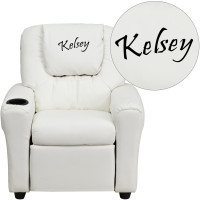 Flash Furniture DG-ULT-KID-WHITE-TXTEMB-GG Personalized White Vinyl Kids Recliner with Cup Holder and Headrest