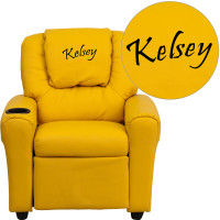 Flash Furniture DG-ULT-KID-YEL-TXTEMB-GG Personalized Yellow Vinyl Kids Recliner with Cup Holder and Headrest