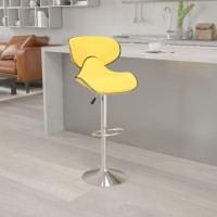Flash Furniture Contemporary Cozy Mid-Back Yellow Vinyl Adjustable Height Bar Stool with Chrome Base DS-815-YEL-GG