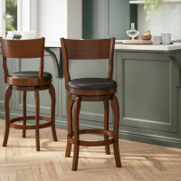 Flash Furniture ES-NT2-24-OAK-GG Nichola Commercial Grade Classic Open Back Swivel Counter Height Pub Barstool with Bowed Wooden Frame and Padded LeatherSoft Seat, Antique Oak/Black