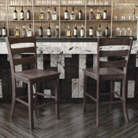 Flash Furniture ES-STBN5-24-GY-2-GG Liesel Set of 2 Commercial Grade Wooden Classic Ladderback Counter Height Barstool with Solid Wood Seat, Gray Wash Walnut