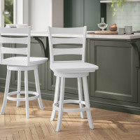 Flash Furniture ES-UN-31WS-24-WH-GG Liesel Commercial Grade Wooden Classic Ladderback Swivel Counter Height Barstool with Solid Wood Seat, Antique White Wash