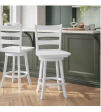 Flash Furniture ES-UN-31WS-24-WH-GG Liesel Commercial Grade Wooden Classic Ladderback Swivel Counter Height Barstool with Solid Wood Seat, Antique White Wash