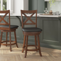 Flash Furniture ES-UN1-24-OAK-GG Felicity Commercial Grade Wood Classic Crossback Swivel Counter Height Barstool with Padded Black LeatherSoft Seat, Antique Oak
